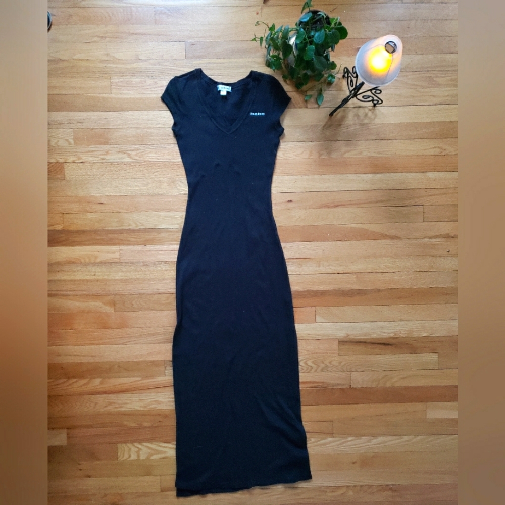 Bebe Black V Neck Y2K Maxi Dress